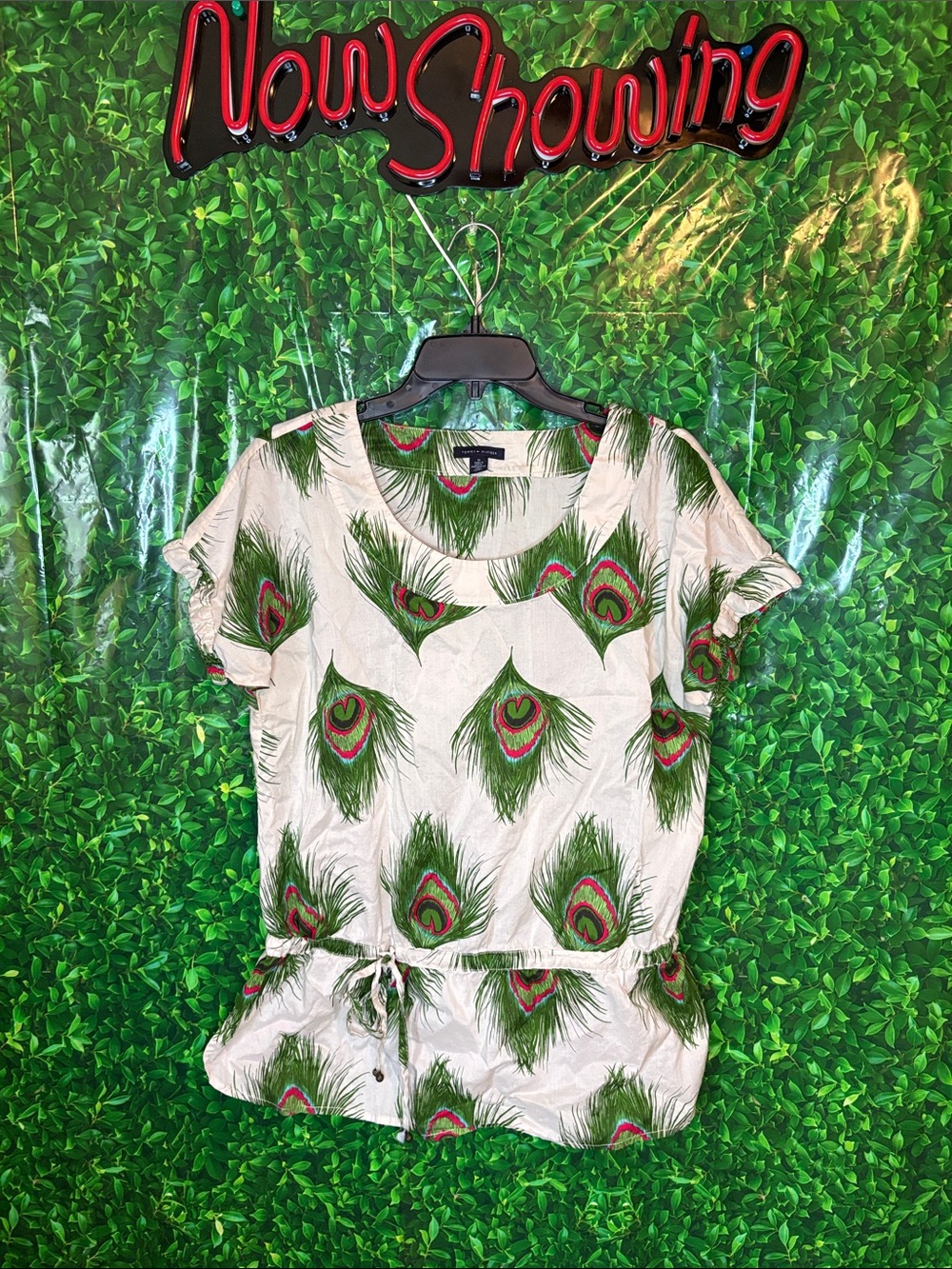 Tommy Hilfiger White Short Sleeve Top with Green and Pink Peacock Print